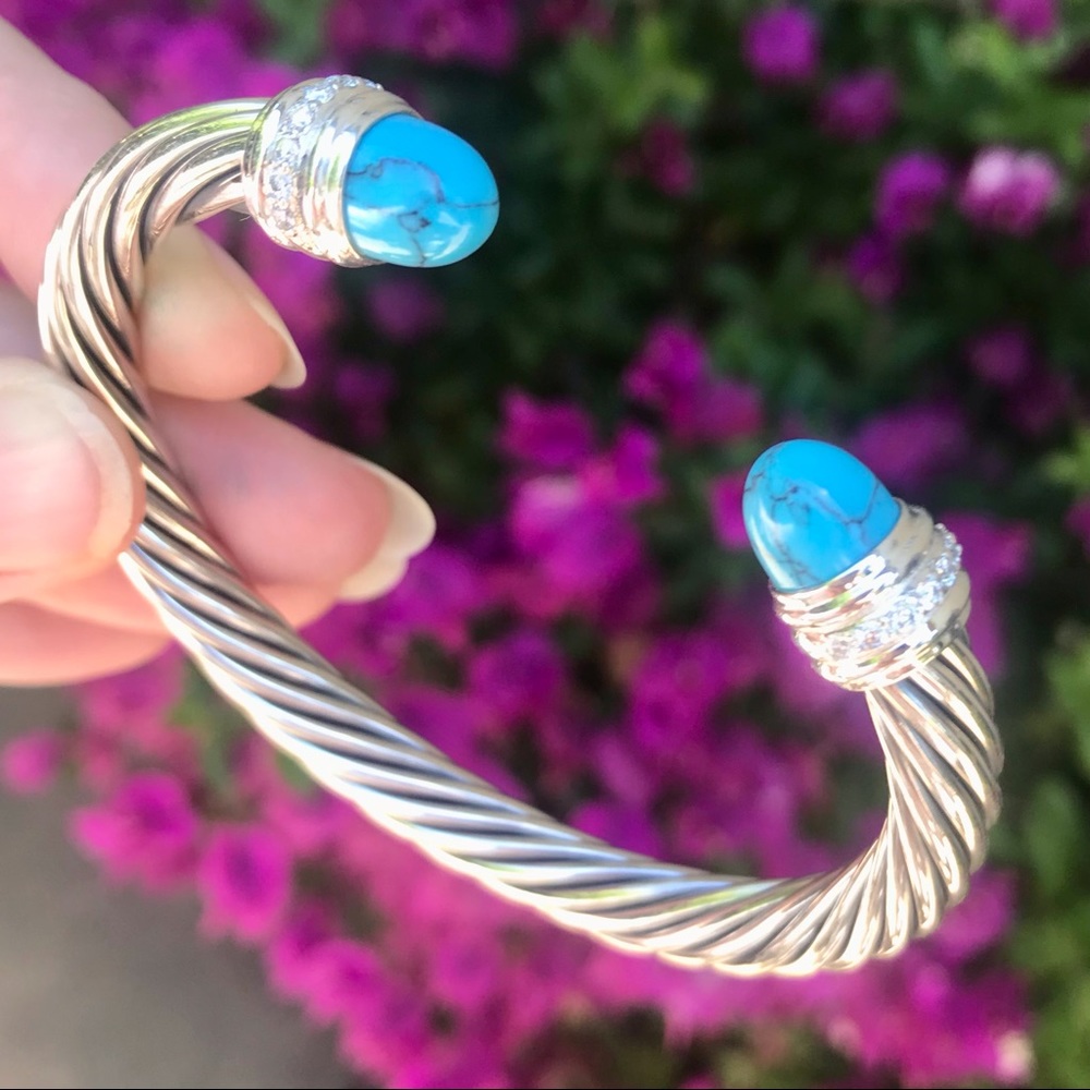 David Yurman 7mm Cable Cuff with Turquoise and Diamonds